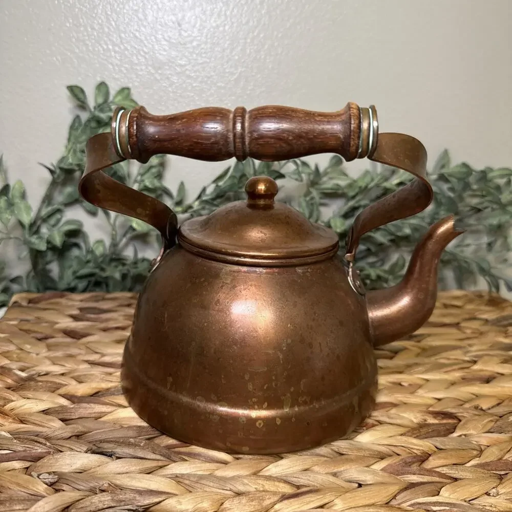 B&M Portugal Copper Tea Kettle Wood Handle Lidded Tin Lined 7” Farmhouse Vtg